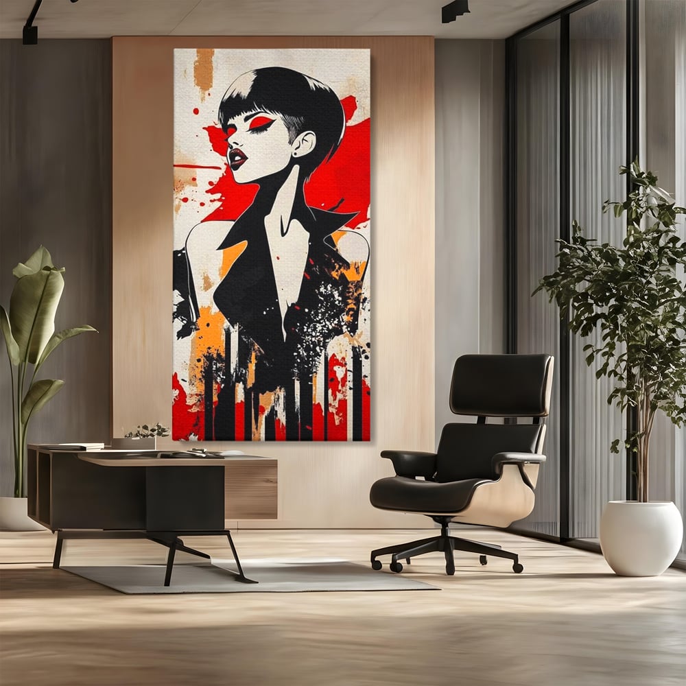 Tablou canvas cu tablou canvas cu portret de femeie stilizat, fara rama, pe sasiu de lemn, pe perete intr-un birou